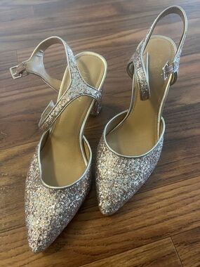J. Crew Rose Gold Glitter Slingback Pointed Heels